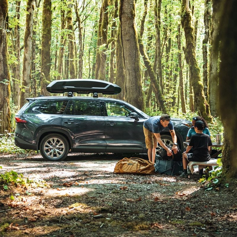 In a forest setting, a man leans over various Thule bags while a woman and a boy sit at a picnic table beside him, and a car with a Thule Force 3 rooftop cargo box on its roof is parked in the background.