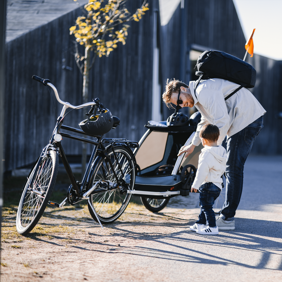 On a bike path, a father points to the blue Thule Courier bike trailer, holding his child's hand.