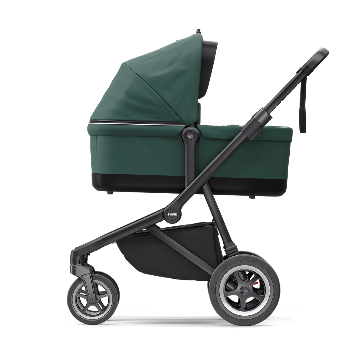 Thule Sleek city stroller mallard green on black with bassinet mallard green