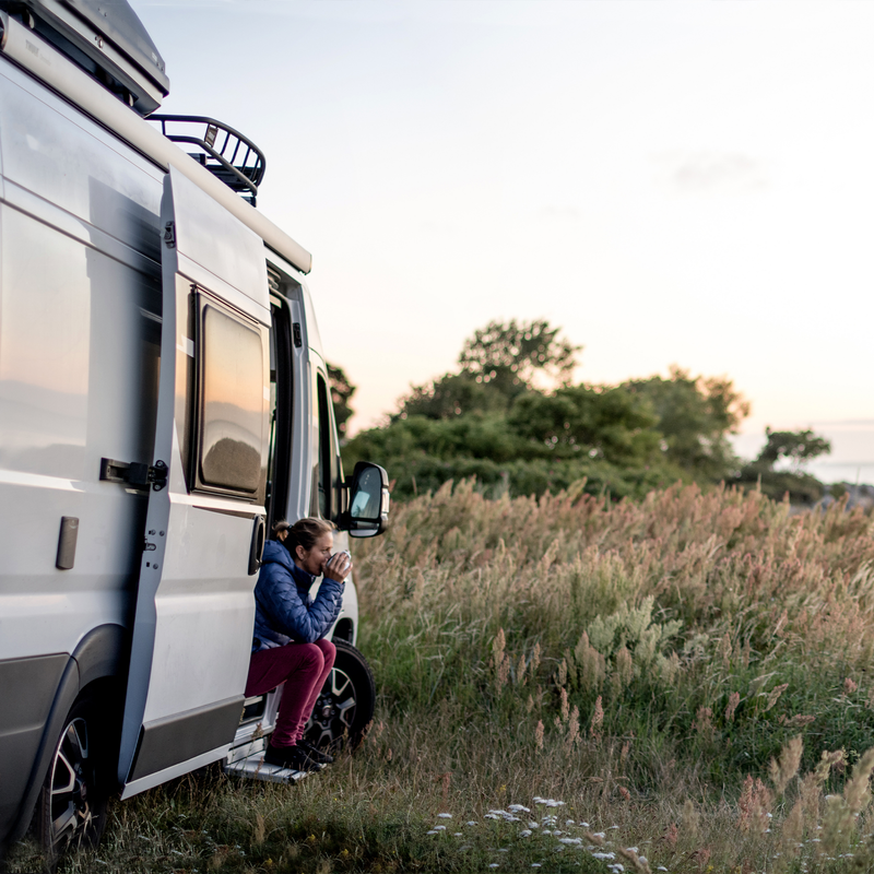 A van is parked in the grass and has a Thule Slide-Out Step van step.