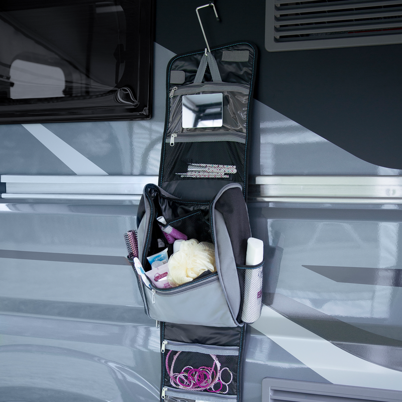 On a motorhome, a Thule Toiletry kit rv organizer is attached to the wall.