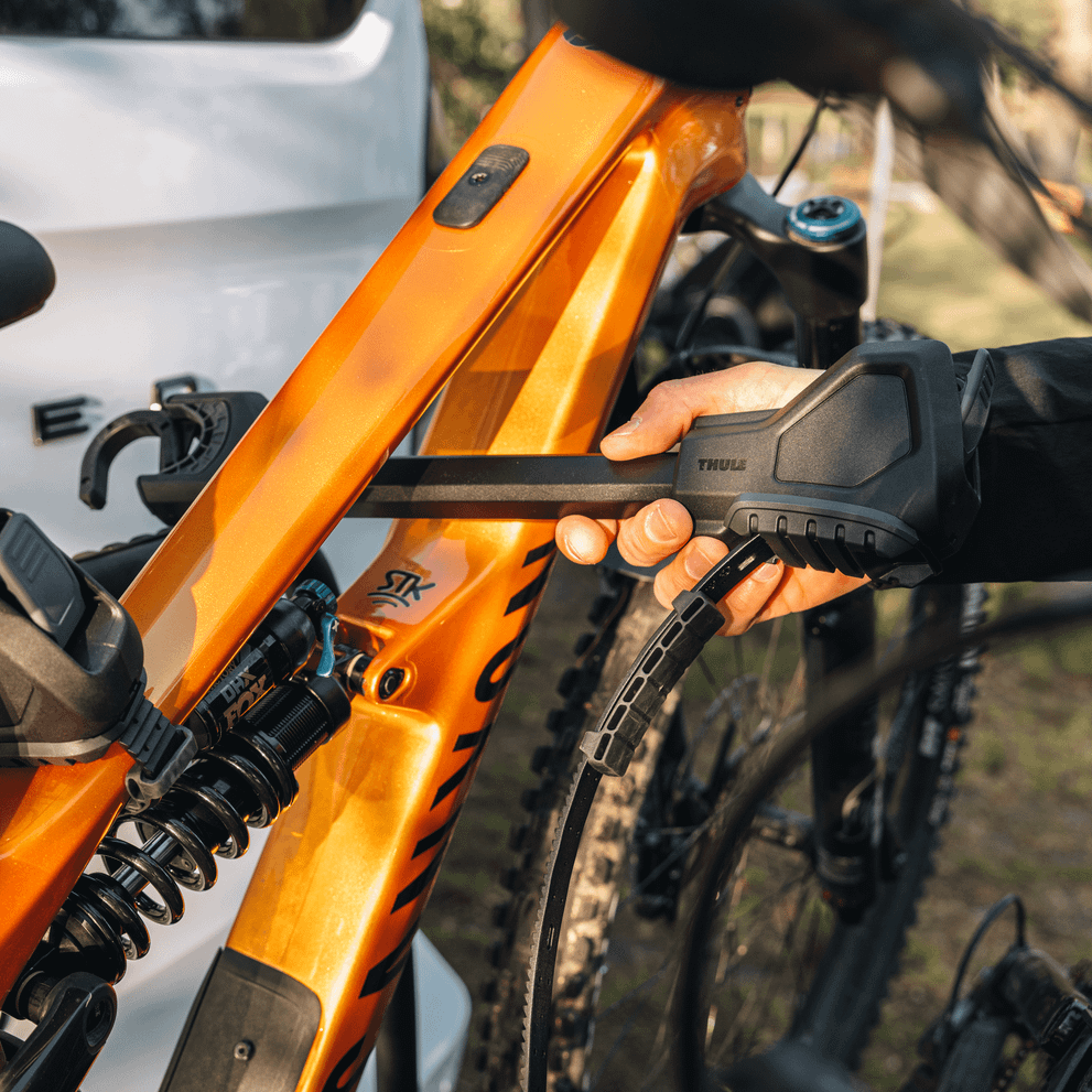 Close-up of Thule VeloSpace 3 bike arm highlighting its functional design and visible components.