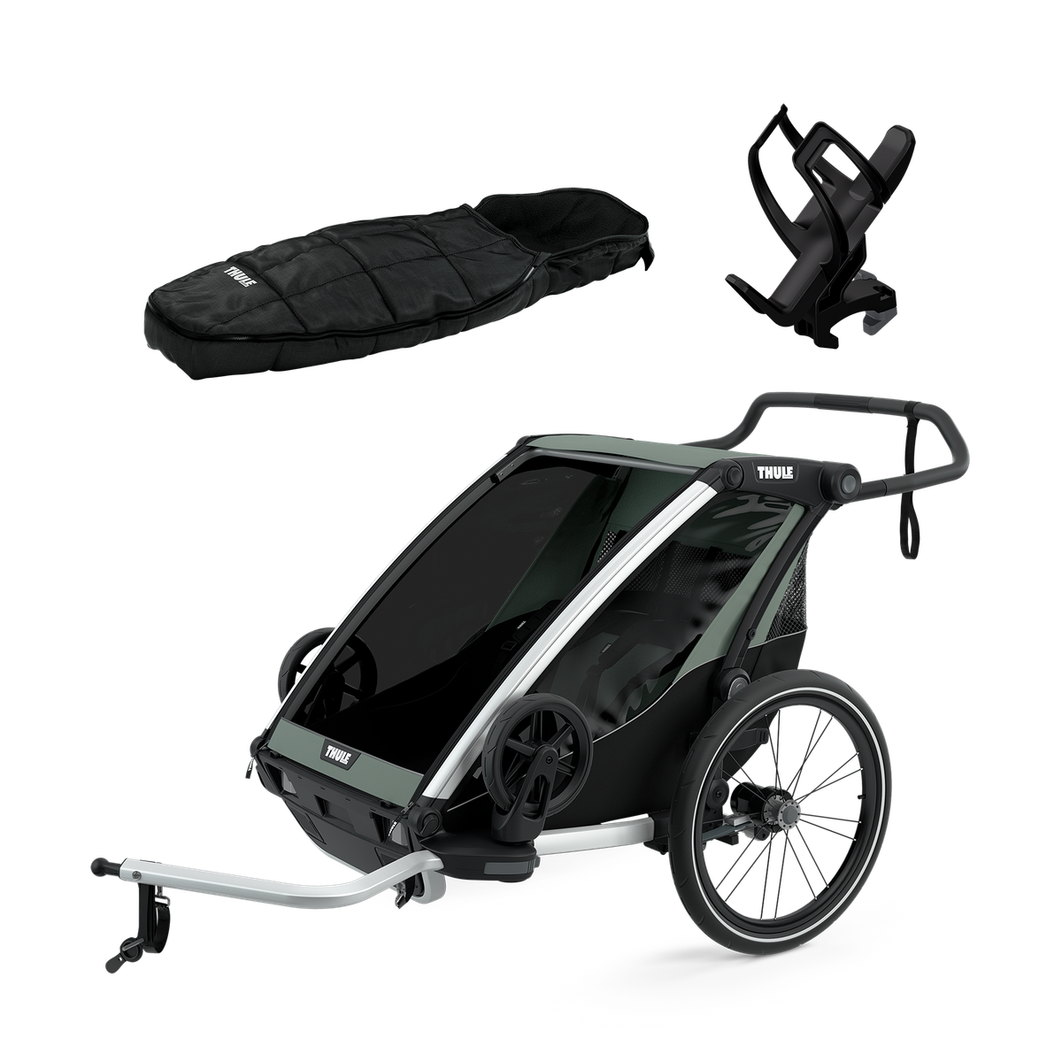 Thule Chariot Lite 2 + Thule Bottle Cage + Thule Footmuff Sport - Agave
