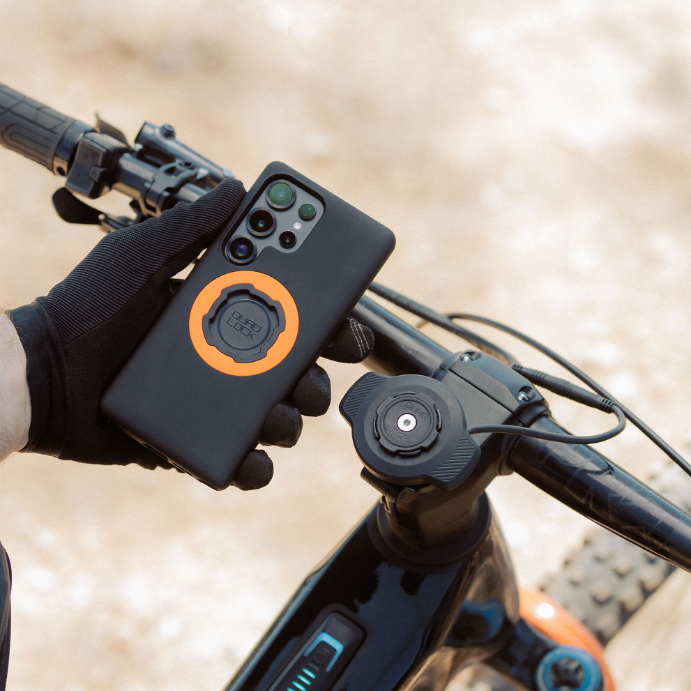 Quad Lock MAG Samsung case near bike mount.