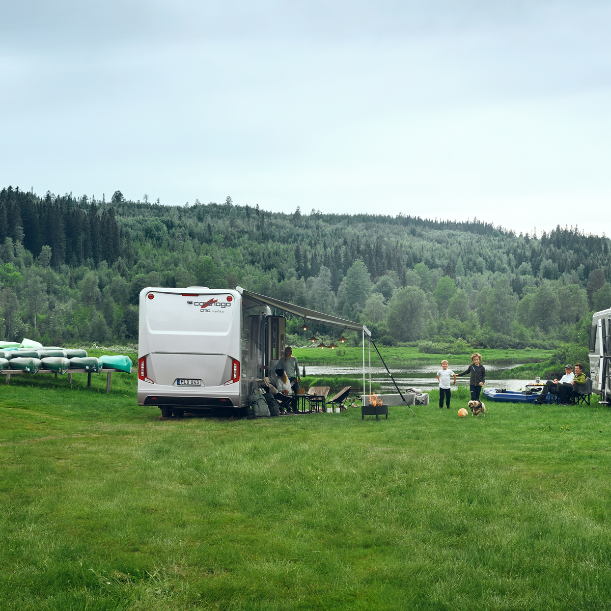 A line of motorhomes parked in the countryside with Thule Omnistor 9200 RV awnings.