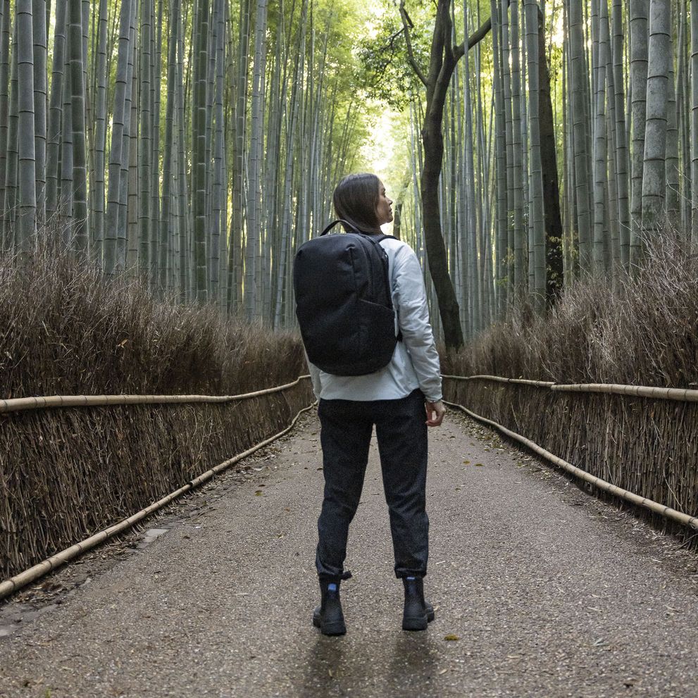 A woman stands on a path next to a bamboo forest with a black Thule Subterra backpack.