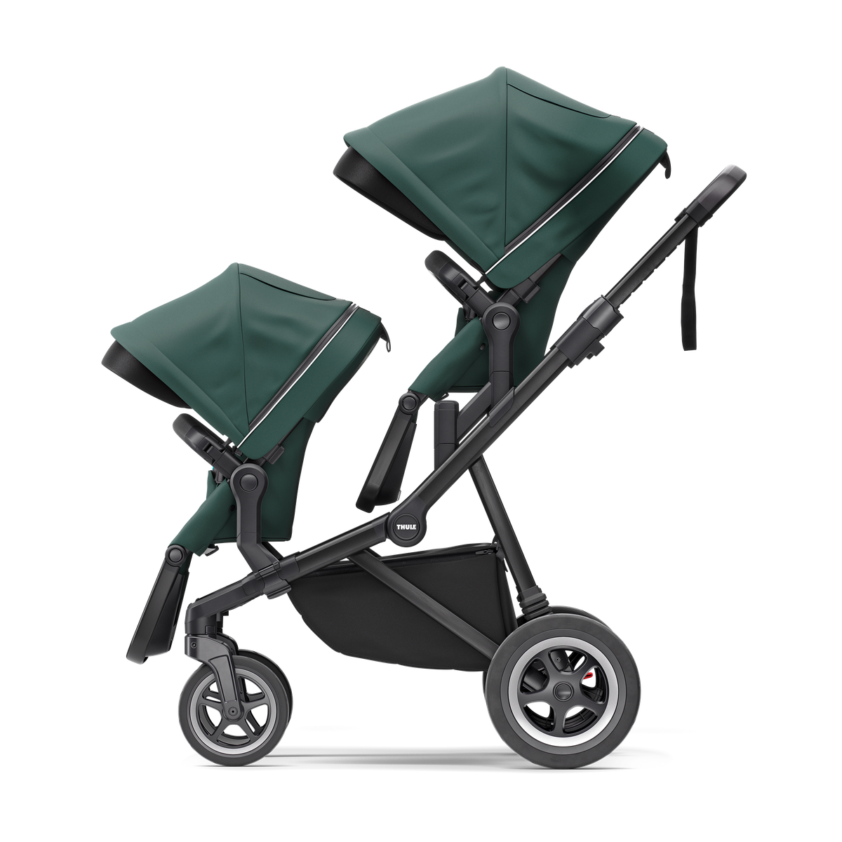 Thule Sleek city stroller mallard green on black with bassinet mallard green