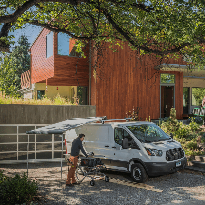 A man is standing in the driveway by his van with an awning mounted.