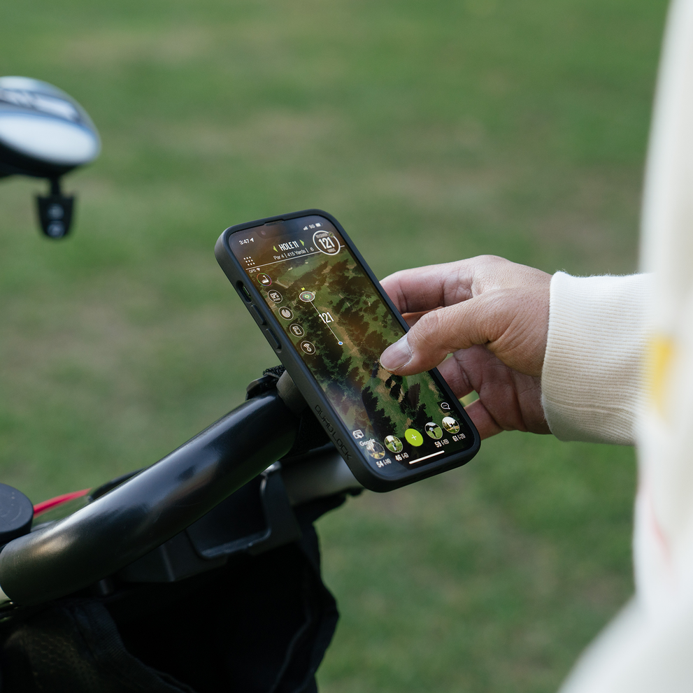 Phone mounted on Quad Lock strap mount.