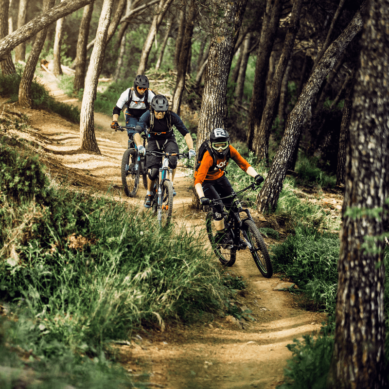Three mountain bikers bike down a trail with 12L Thule Rail Pro bike hydration packs.