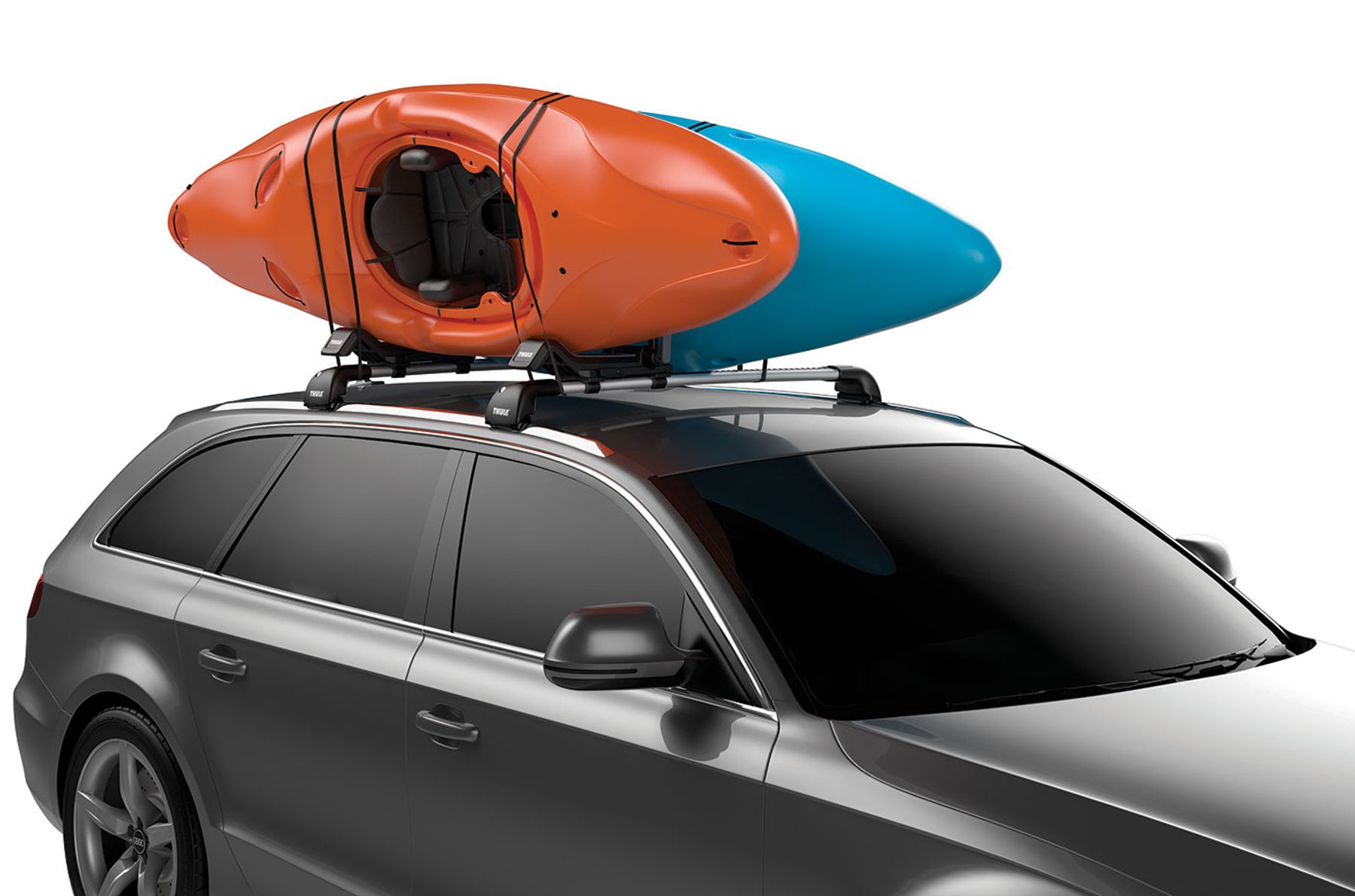 Thule Hull-a-Port XT on car and two kayaks on top