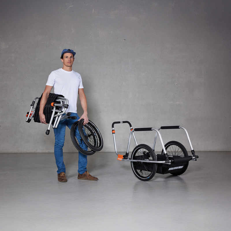 A man standing in a studio holding a folded Reacha Sport bike trailer, showcasing its lightweight and compact design.