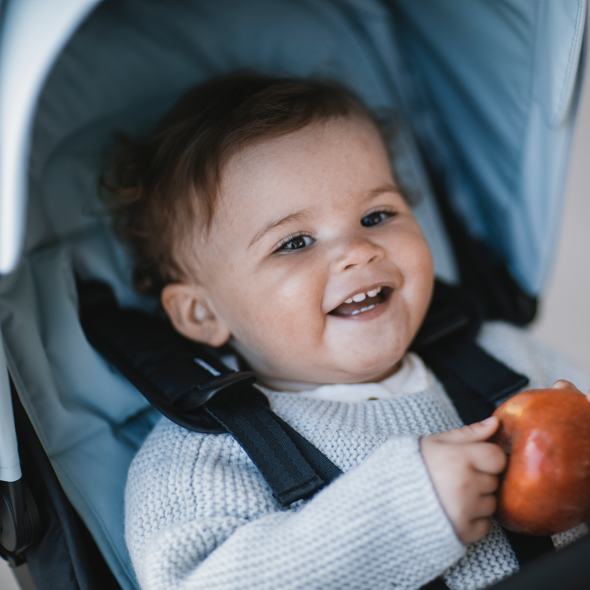 A baby holds an apple and sits inside a blue stroller with a blue Thule Stroller Seat Liner.