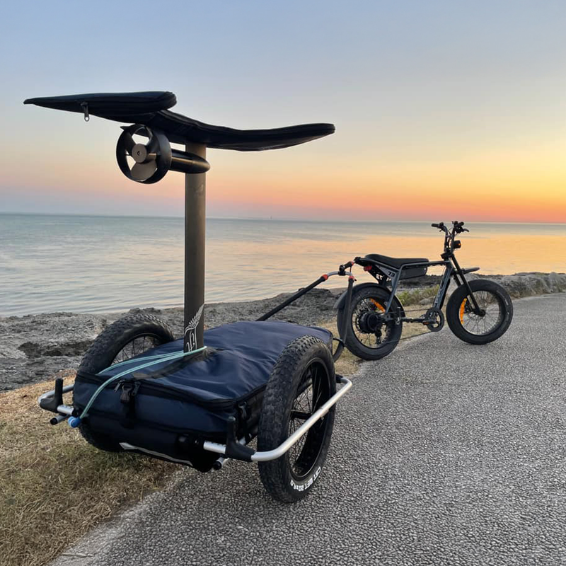 A Reacha Sport Beach bike trailer connected to an e-bike at sunset, loaded with compact gear and parked beside a calm ocean.