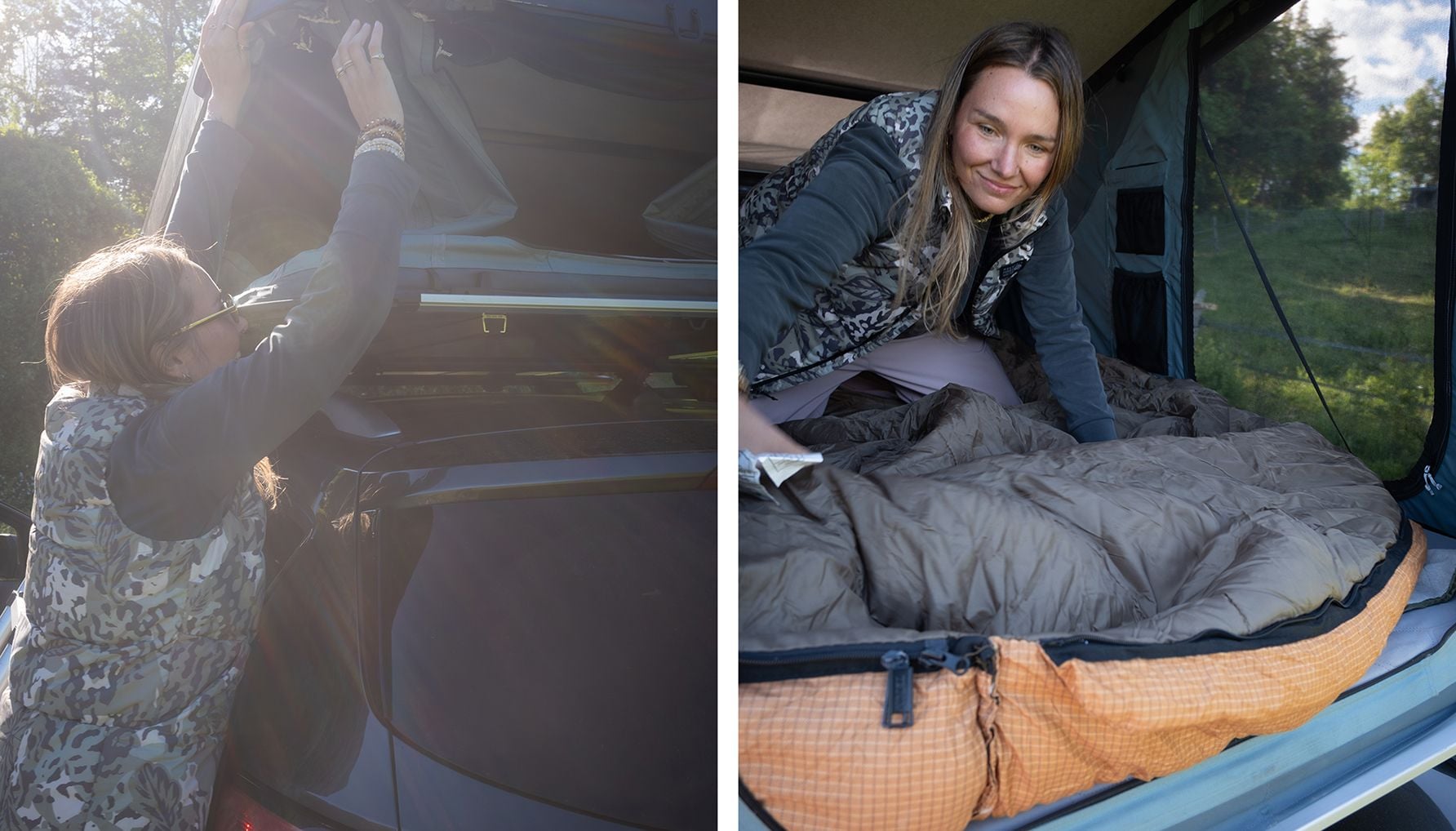Two-panel photo: at left, a woman reaches up to open a rooftop tent on an SUV; at right, woman kneels inside an open tent arranging a sleeping bag and bedding.