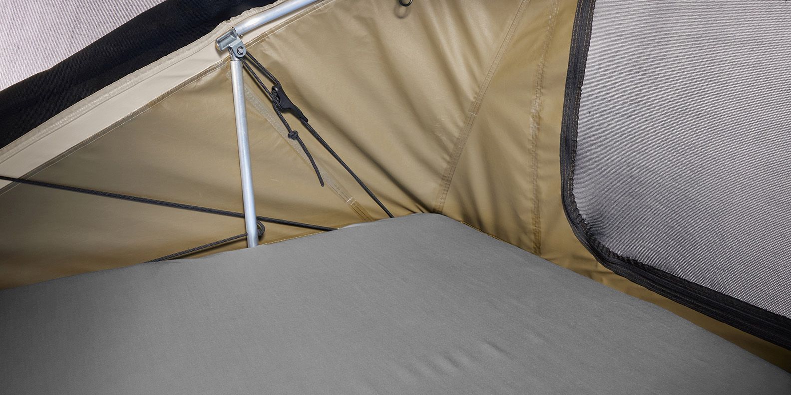 A close up of the sheets inside the Thule Approach rooftop tent.