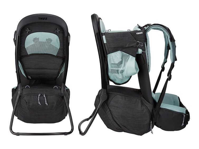 An image of the blue hiking baby carrier from the side and the front.