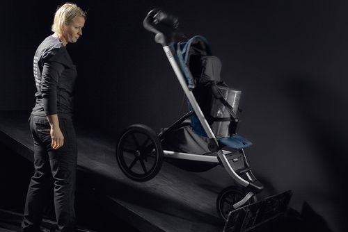 A stroller is being tested in the Thule test center impact test.