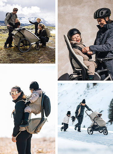 Collage de familles utilisant des poussettes Thulé, des remorques à vélo, des sièges pour enfants et des sacs à dos porte-bébé en plein air dans différents environnements.