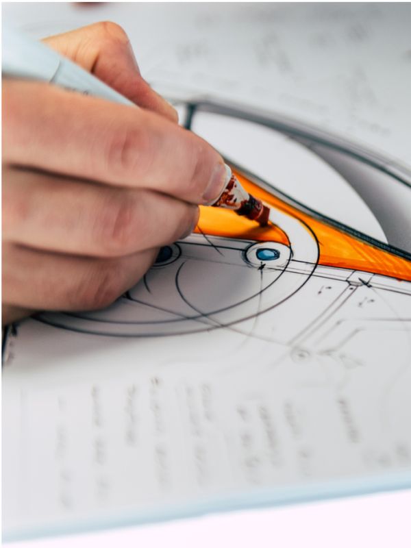 Un gros plan de la main d'un designer esquissant un concept de produit détaillé avec un marqueur orange. Le dessin comporte des annotations techniques et des éléments de conception complexes.