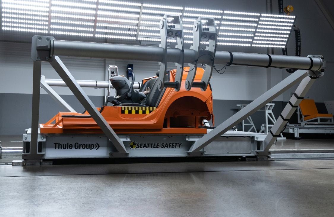 Thule crash test sled with car frame for safety testing at Thule Test Center