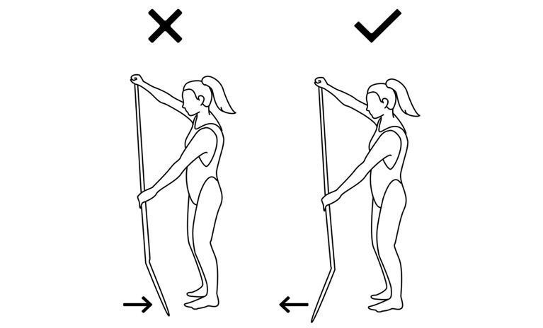 An illustration of a woman showing the correct way to hold an SUP paddle