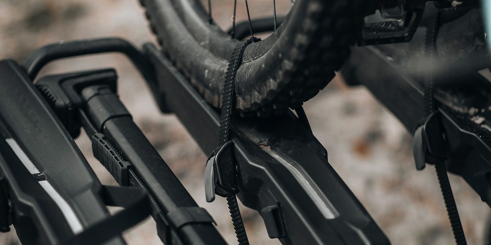 A close up a wheel strap with ratcheting pump buckles securing a bike tire to the Thule Epos bike rack