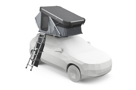ハードシェルのルーフトップテントが車の屋根の上に取り付けられた車のイラスト