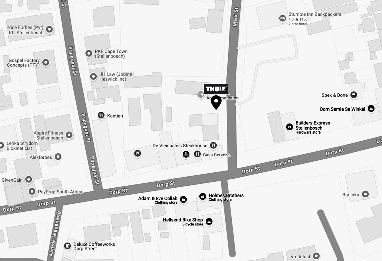 A map of Cape Town where Thule store is marked with a logo and a pin.