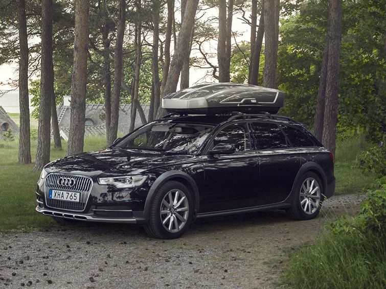 A black car in the forest with a gray Thule cargo carrier.