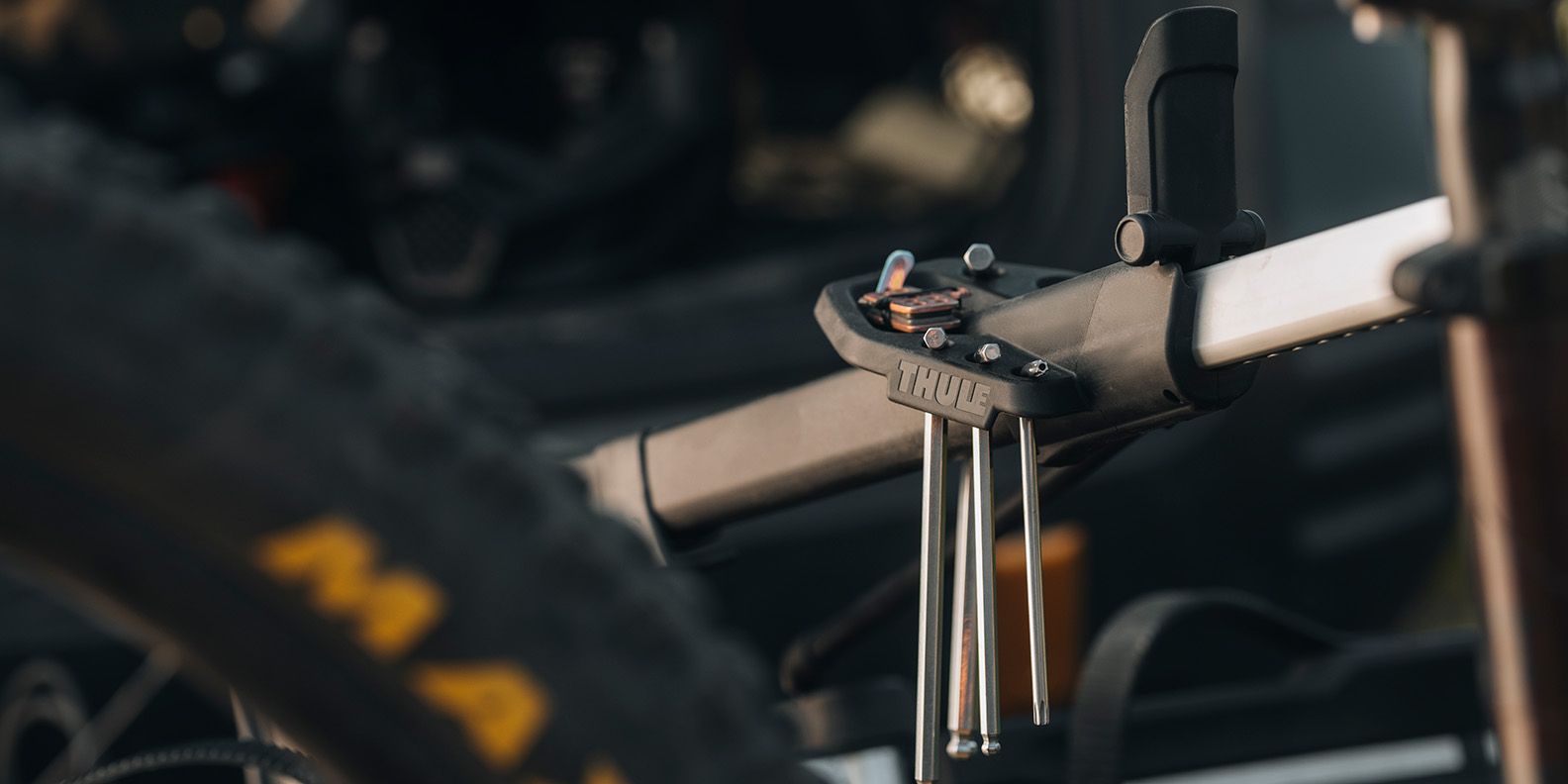 A close up of the Thule Bike Repair Holder (sold separately)