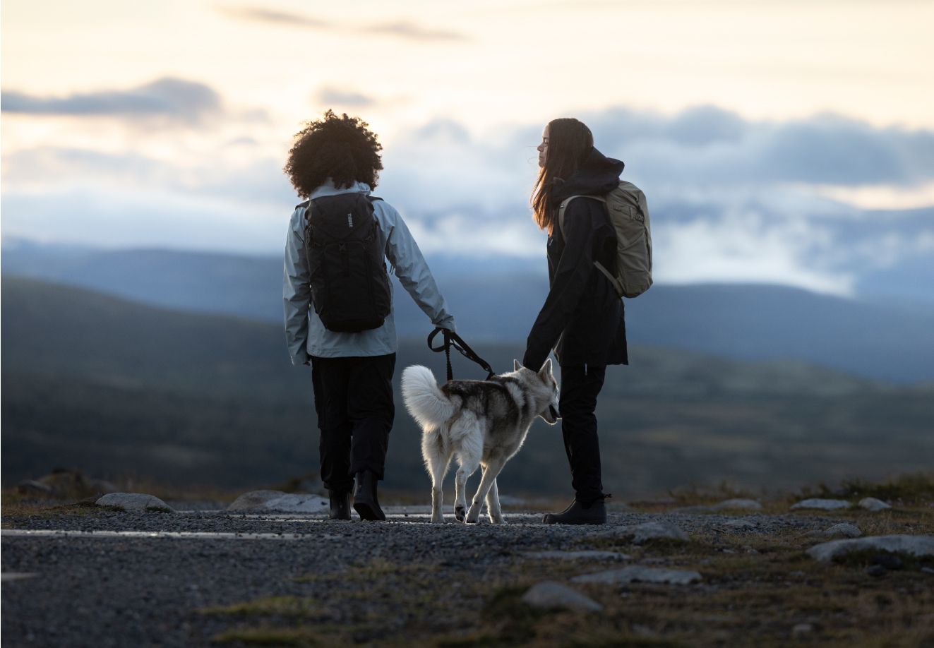 Twee mensen en een hond in een bergachtige omgeving.