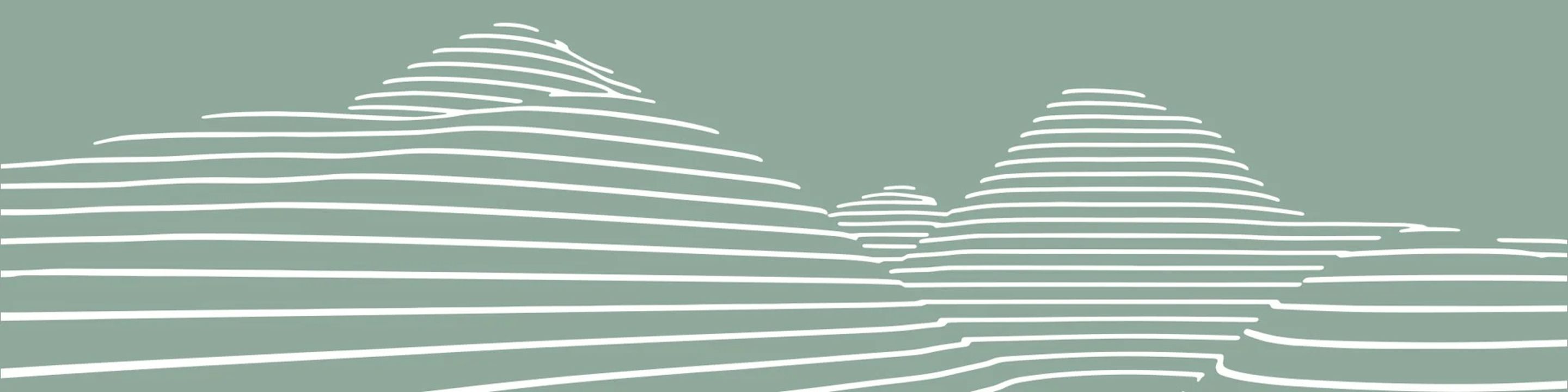 Minimalistische Illustration stilisierter, geschichteter Bergformen in Weiß auf einem gedämpften grünen Hintergrund.