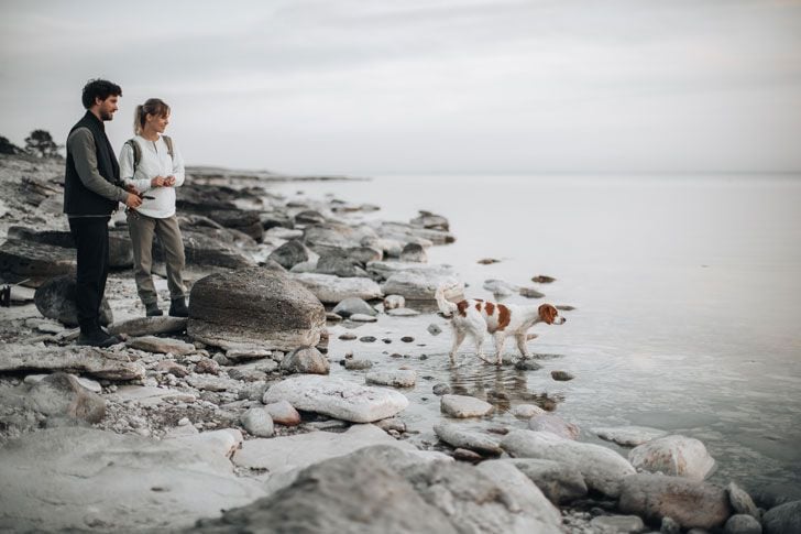 Ein Mann und eine Frau betrachten ihren Hund am Ufer des Wassers.
