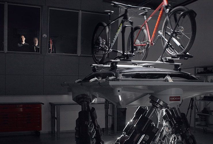 At the Thule Test Center a bike rack is going through rigorous testing