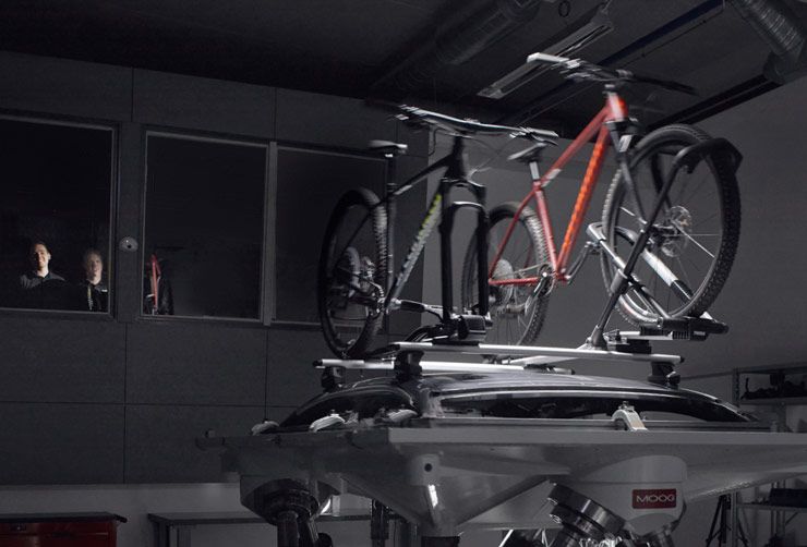 A Thule roof bike rack is being tested at the Thule Test Center.