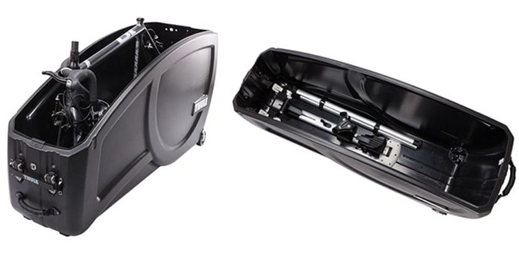 A picture of one of the Thule bike travel cases opened with a bike inside and a white background.