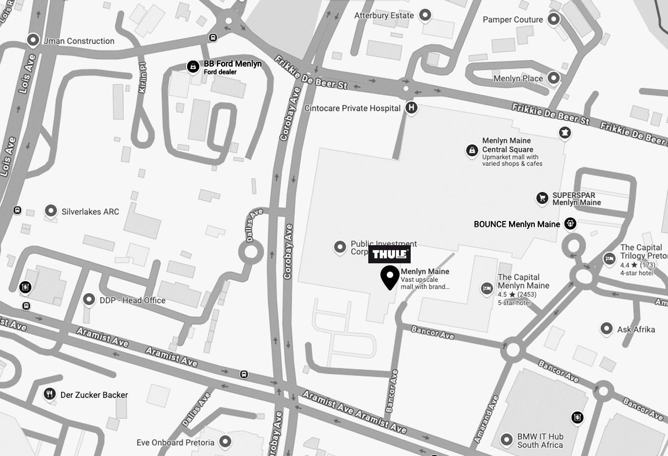 A map of Pretoria where Thule store is marked with a logo and a pin.