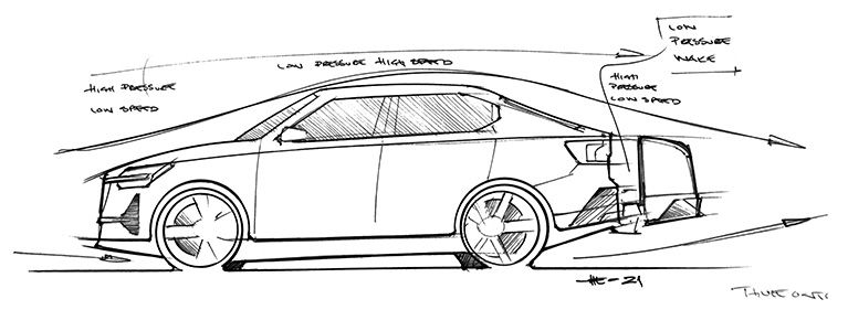 Een schets van een voertuig met Thule Onto bagagebox voor montage op de trekhaak aan de achterkant van de auto.