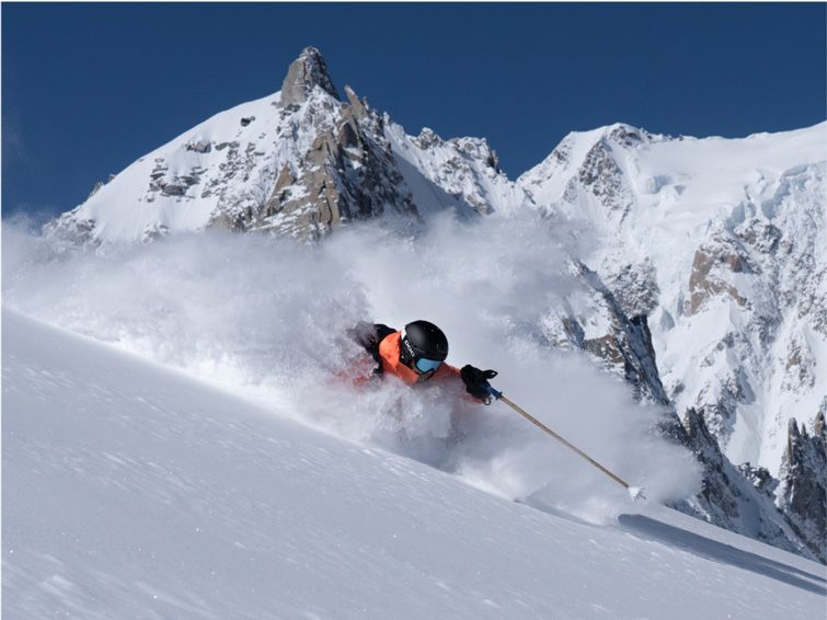 Lorenzo Alesi skis down the steep slopes at Chamonix Mont Blanc.