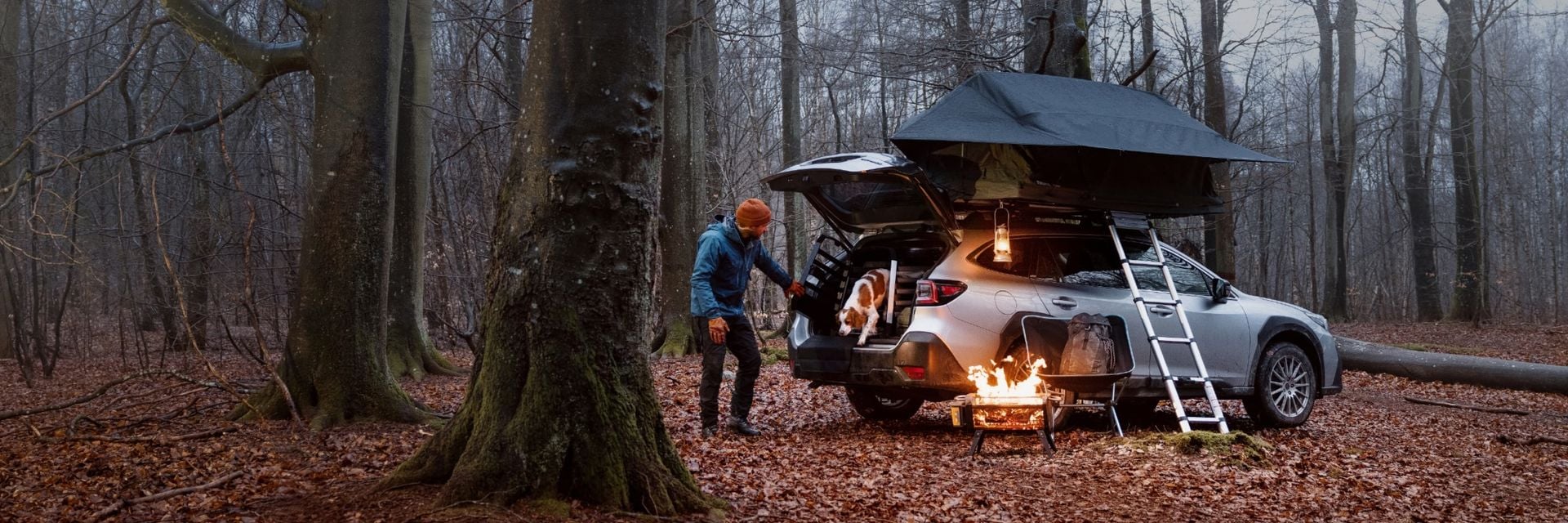 Person camping with their dog beside a car in the forest, using a Thule Allax dog travel crate for safe and secure transport.