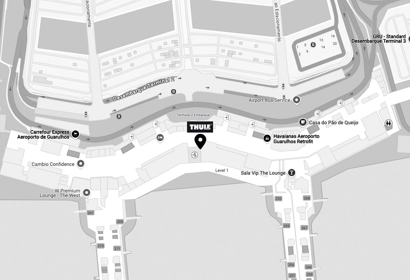 A map of Guarulhos where Thule store is marked with a logo and a pin.