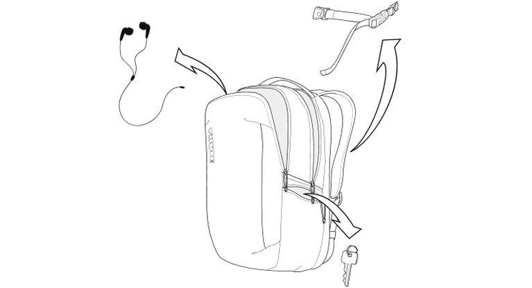 An illustration of a backpack being emptied of headphones, a key, and a strap.