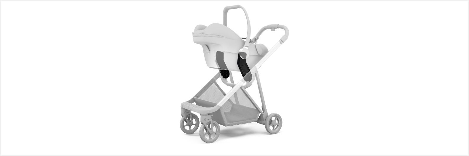 A 3D rendition with a white background of the Thule Shine car seat stroller with a car seat adapter.