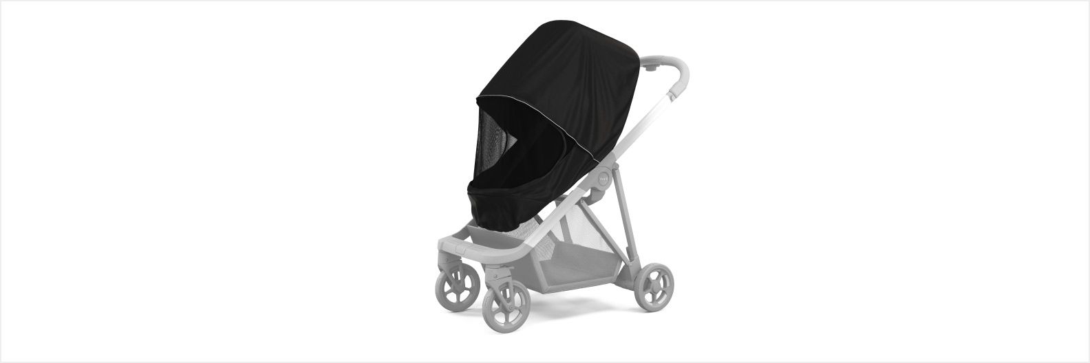 A 3D rendition of the Thule Shine stroller and the Thule Shine All-weather cover with a white background.