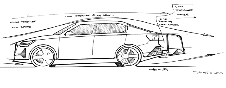 A sketch of a car with a Thule Arcos cargo box mounted on the back.