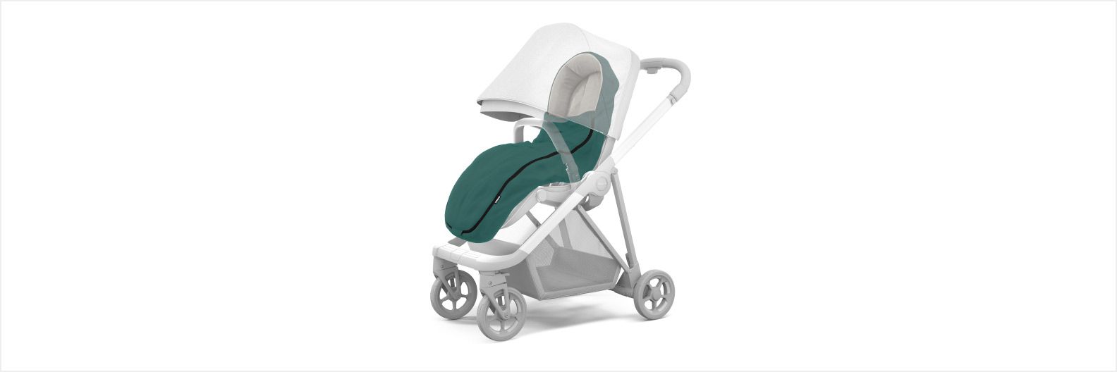 A 3D rendition of the Thule Shine stroller and the Thule Stroller Footmuff with a white background.