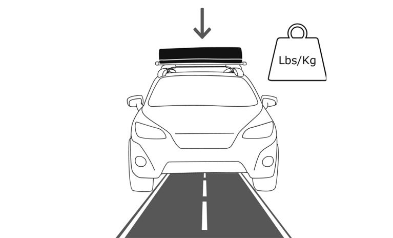 An illustration that shows one arrow pointing down on a car on the street with a folded rooftop tent.
