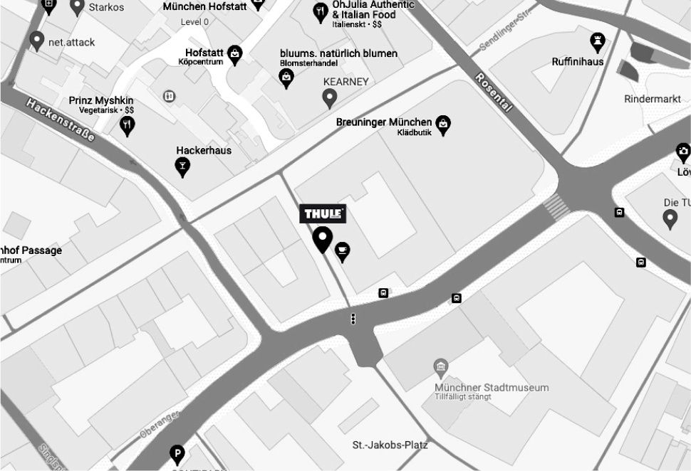 A map of Munich center where Thule store is marked with a logo