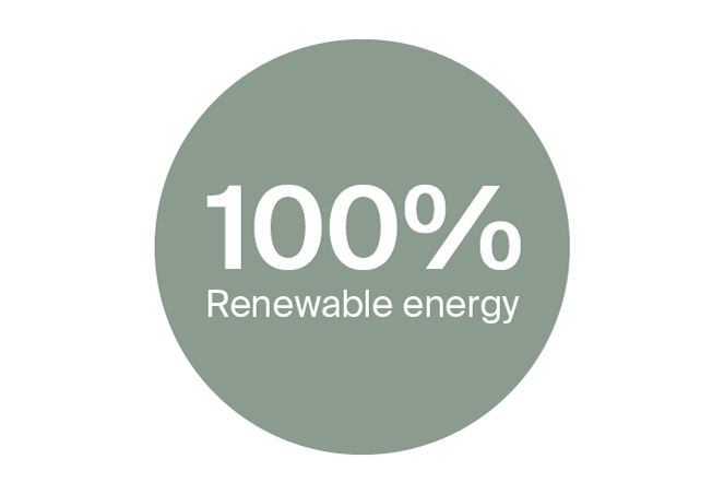 Zelený kruhový odznak s bílým textem "100 %" a menším textem pod ním "Obnovitelná energie."